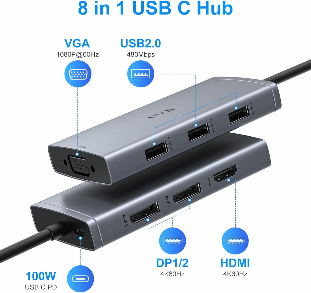 USB C Docking Station Dual Displayport Monitor Adapter for Dell/HP/Lenovo Laptop, Laptop Docking Station 3 Monitors with HDMI 4K+2 DP+VGA USB-C Hub Quadruple Display, Thunderbolt Dock to 100W PD+3USB
