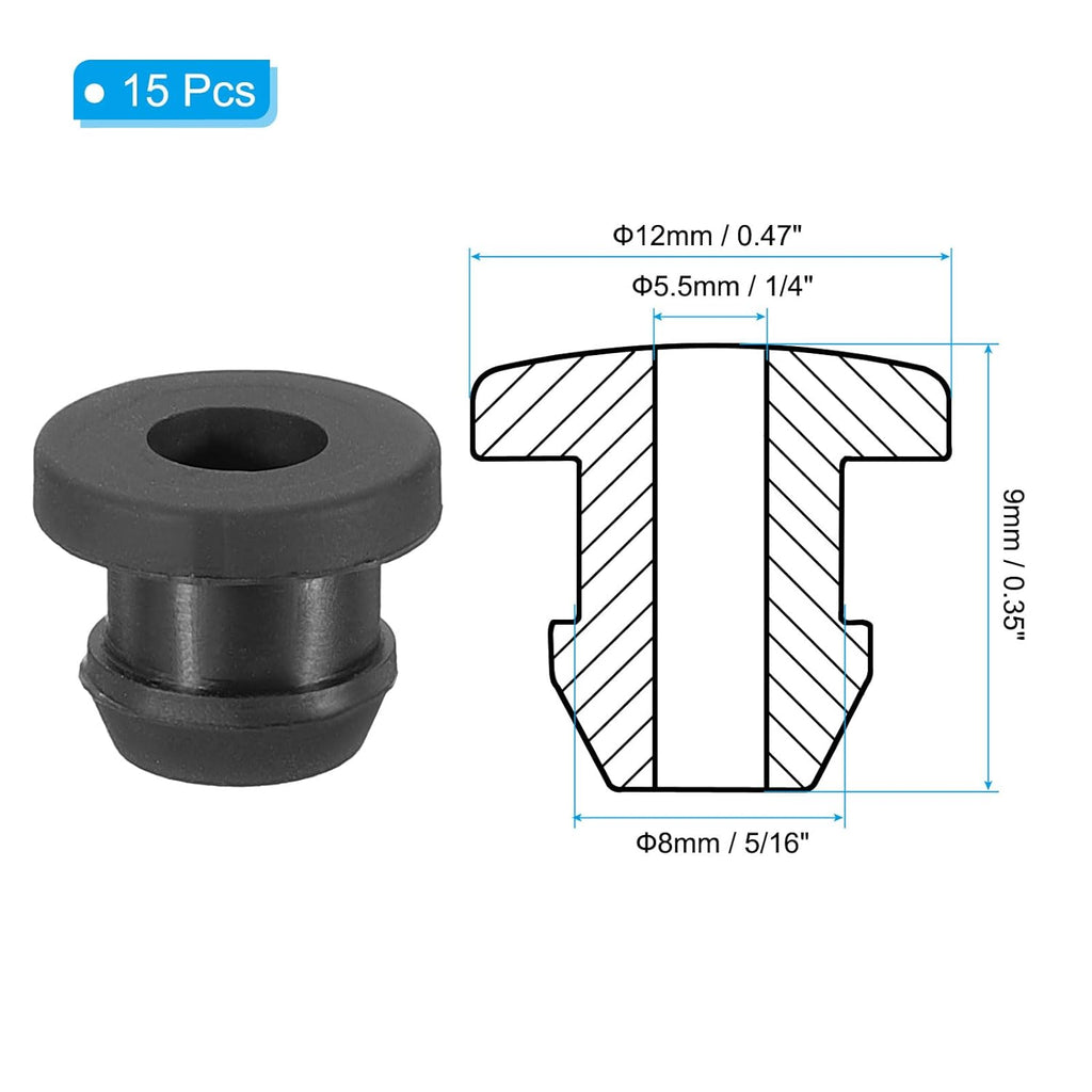 PATIKIL 8mm / 5/16 Inch Drill Hole,1/4 Inch ID Rubber Grommets, 15Pcs Top Hat Grommet for Wiring Eyelet Ring Gasket Automotive Firewall Cable Hole Plugs Wires Protection, Black