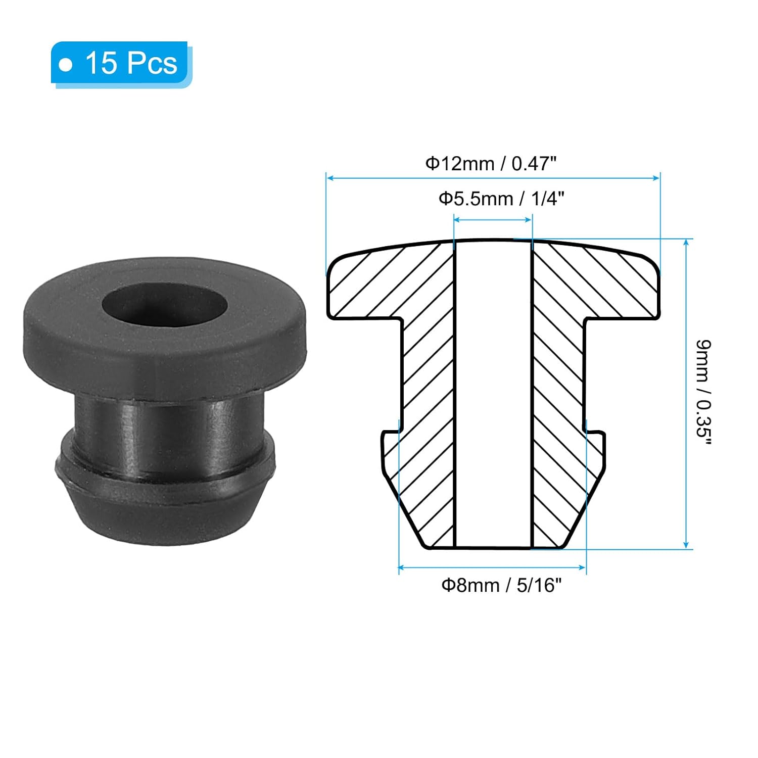 PATIKIL 8mm / 5/16 Inch Drill Hole,1/4 Inch ID Rubber Grommets, 15Pcs Top Hat Grommet for Wiring Eyelet Ring Gasket Automotive Firewall Cable Hole Plugs Wires Protection, Black