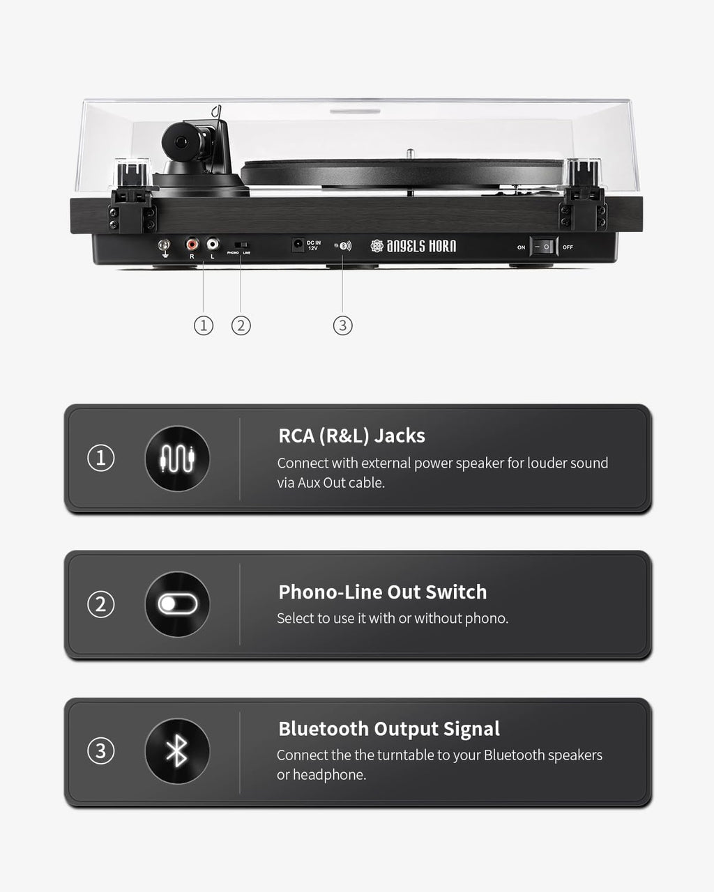 ANGELS HORN High Fidelity Vinyl Record Player, Bluetooth Turntable, 2 Speed Belt Drive, Built-in Preamp, Adjustable Counterweight,Magnetic Cartridge (Black)
