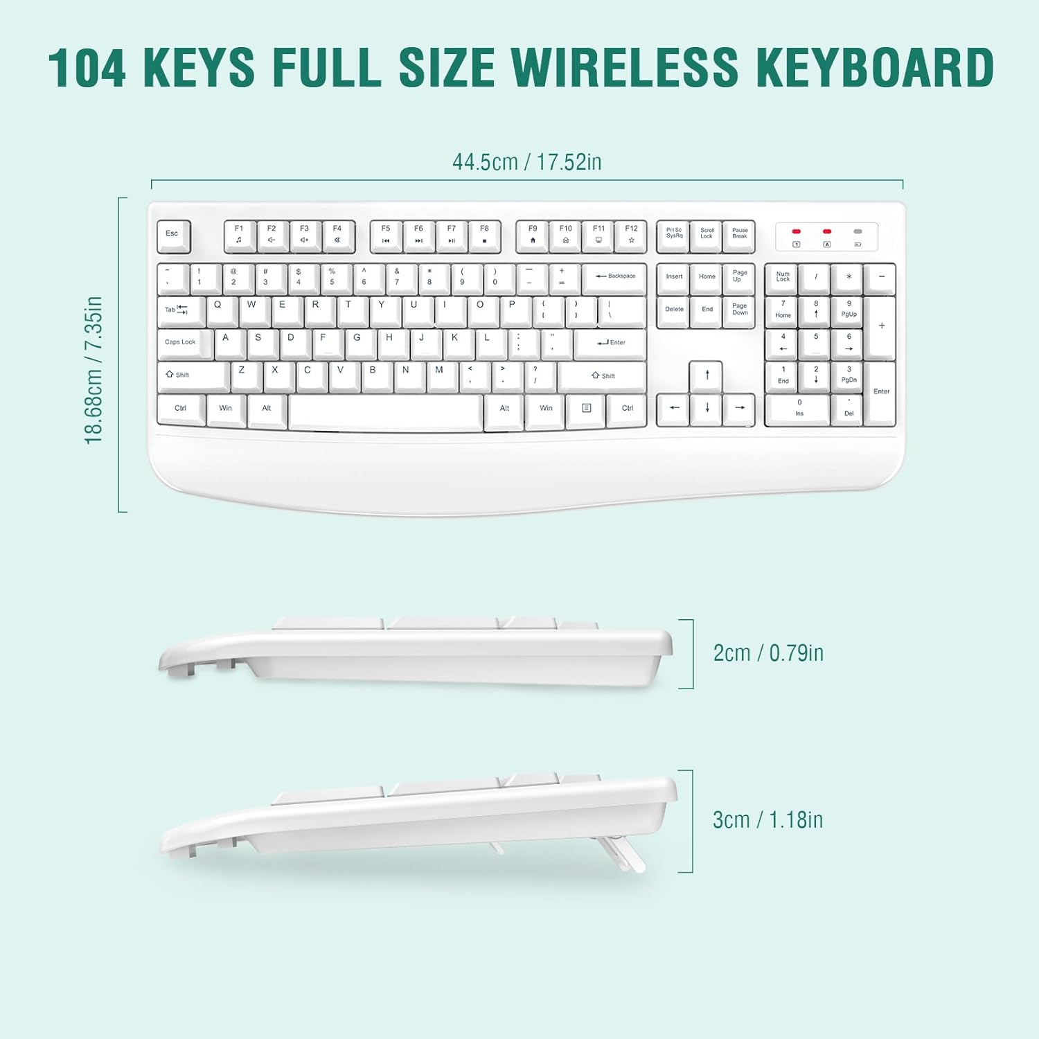 EDJO Wireless Keyboard, 2.4G Ergonomic Full Size Wireless Computer Keyboard with Wrist Rest for Windows, Mac OS Desktop/Laptop/PC（White）