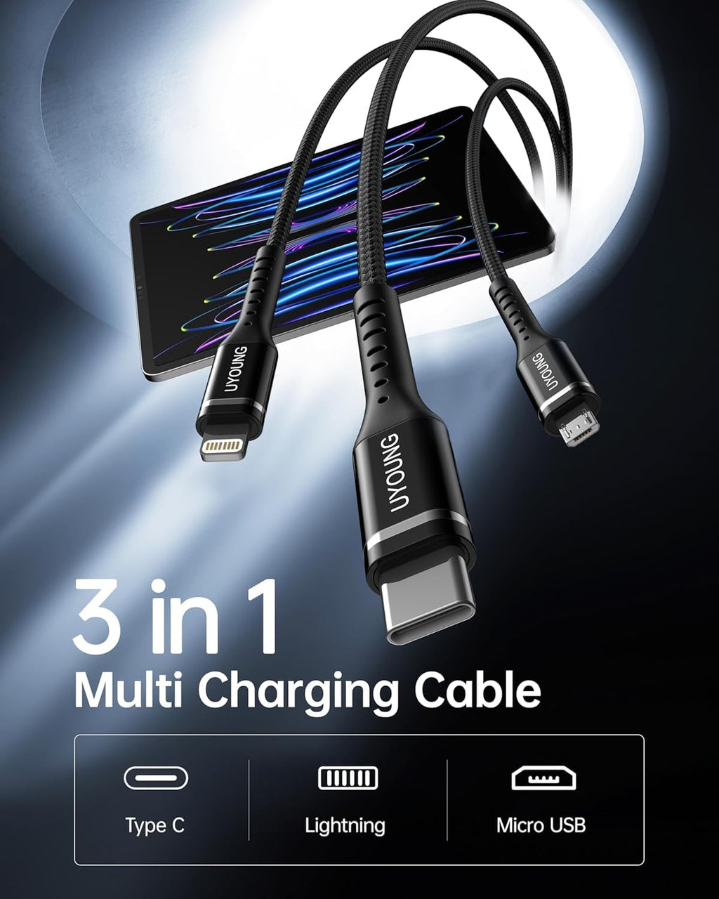 Multi Charging Cable 2Pack 6FT, 3 in 1 Charger Cable Braided Universal Phone Charging Cord with Lightning/Type C/Micro USB Ends, Multiple USB Cable for iPhone/Samsung/Google Cell Phones and More