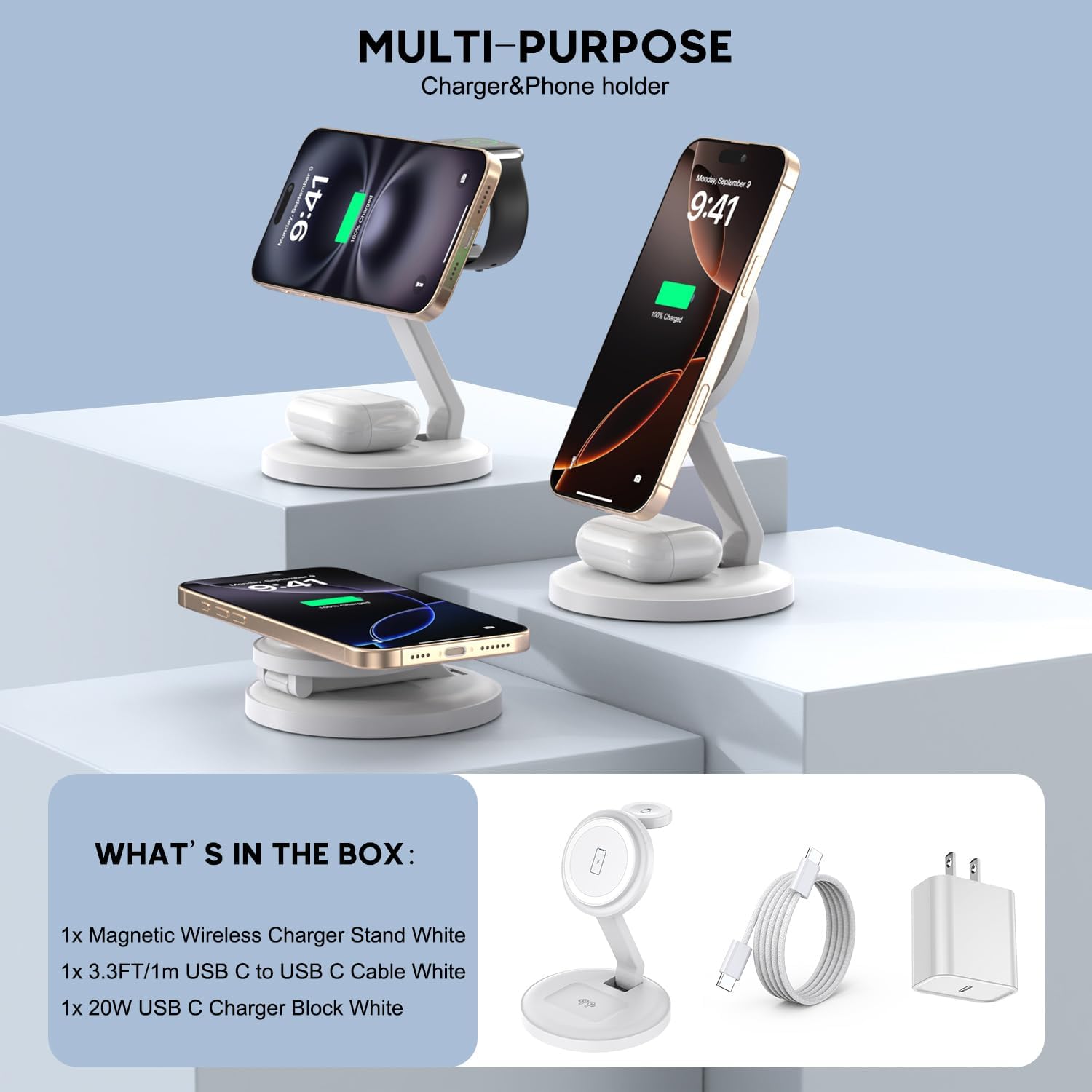 Charging Station for Apple Magnetic Wireless iPhone Mag-Safe Charger,15W 3in1 Foldable Wireless Dock Fast MagSafe Charger Stand for iPhone 16 Pro Max/16 Plus/15 ProMax/14/13/12,Apple Watch,AirPods Pro