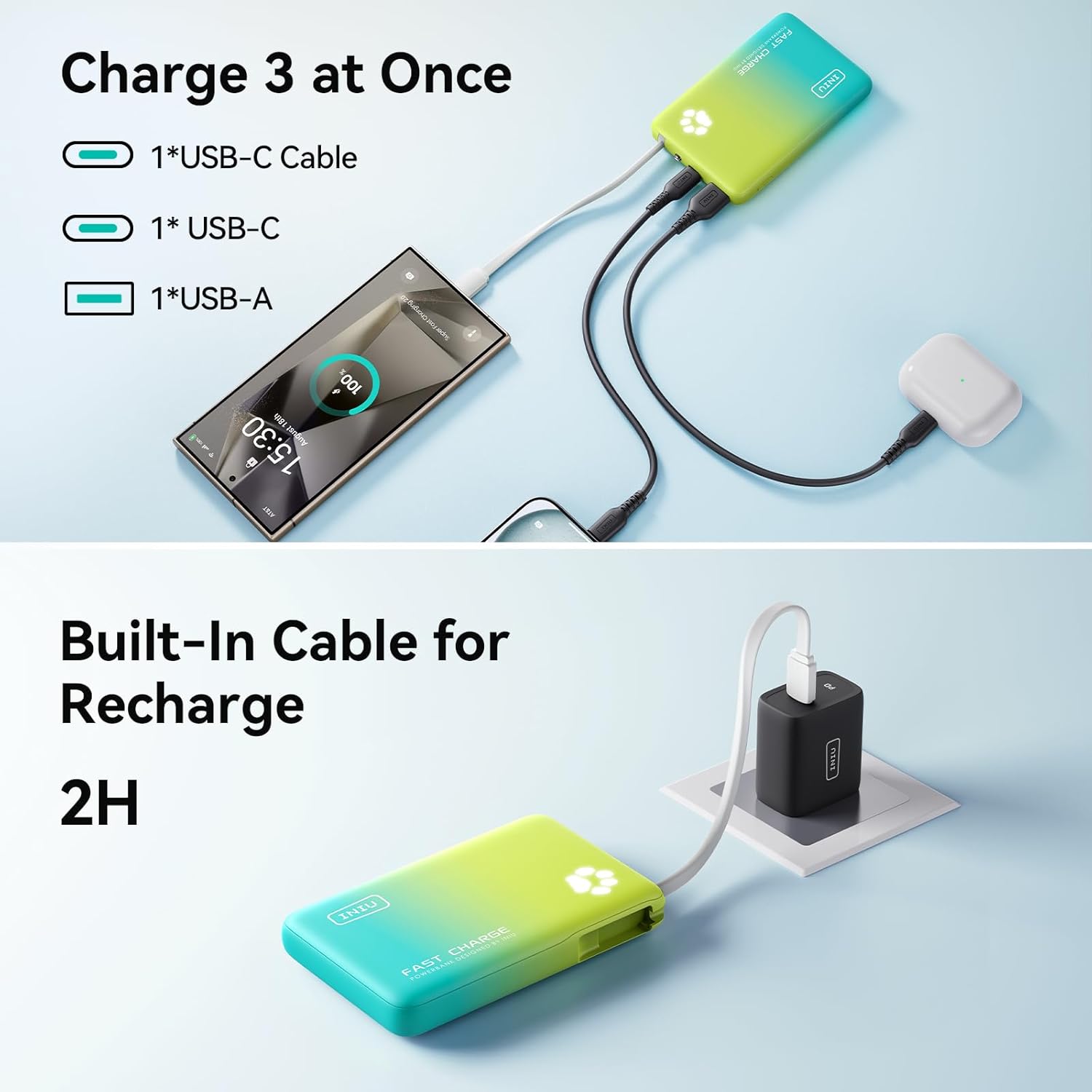 INIU PawGo Portable Charger, 45W PD 10000mAh Fast Charging Slim Power Bank, Built-in USB C Cable Battery Pack, Travel Essentials Powerbank for iPhone 16/15 Pro Max, Samsung S25/S24 etc, Tropic Punch