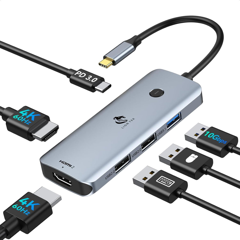USB C Docking Station Dual Monitor, LIONWEI Laptop USBC Dock Multiport Adapter with 2 4K HDMI, 3 USB-A/3.0/2.0, 100W Power Delivery, 6-in-1 for MacBook/Surface/Lenovo/Dell/HP