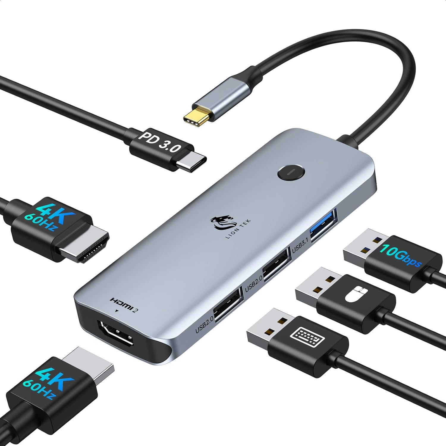 USB C Docking Station Dual Monitor, LIONWEI Laptop USBC Dock Multiport Adapter with 2 4K HDMI, 3 USB-A/3.0/2.0, 100W Power Delivery, 6-in-1 for MacBook/Surface/Lenovo/Dell/HP