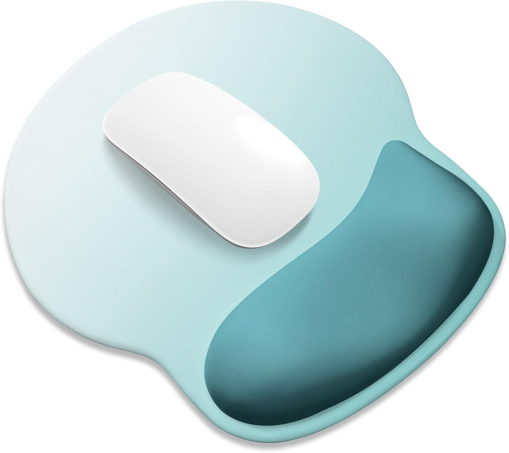 ITNRSIIET Ergonomic Mouse Pad with Wider Memory Foam Wrist Rest +17%, Curved Cushion Reduces Pressure 20%, Pain Relief, Non-Slip, Smooth, Cute Color Desk Accessory, 9.85 x 9 inch, Light Green Gradient