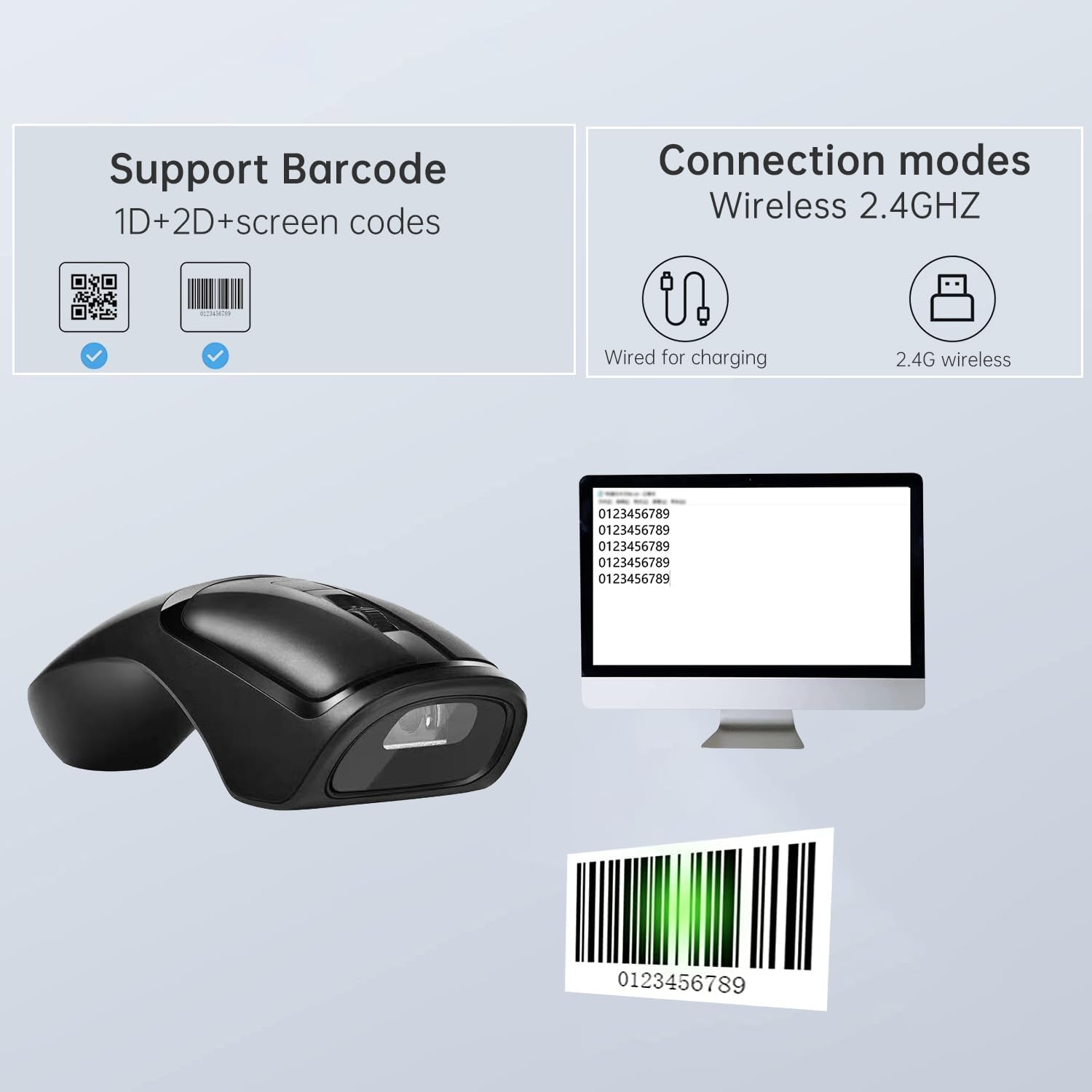 New Wireless Mouse Barcode Scanner, 2-in-1 Design 2D Handheld Barcode Scanner with Wireless Mouse Functions for POS System,Store,Supermarket, Warehouse.(Black)