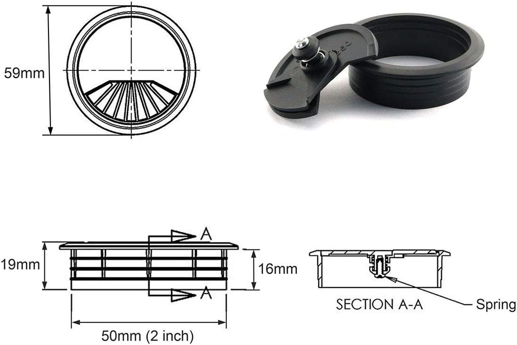 2pcs 2 inch Desk Wire Cord Cable Grommets Hole Cover for Office PC Desk Cable Cord Organizer Plastic Cover Black (Black-2Pcs)