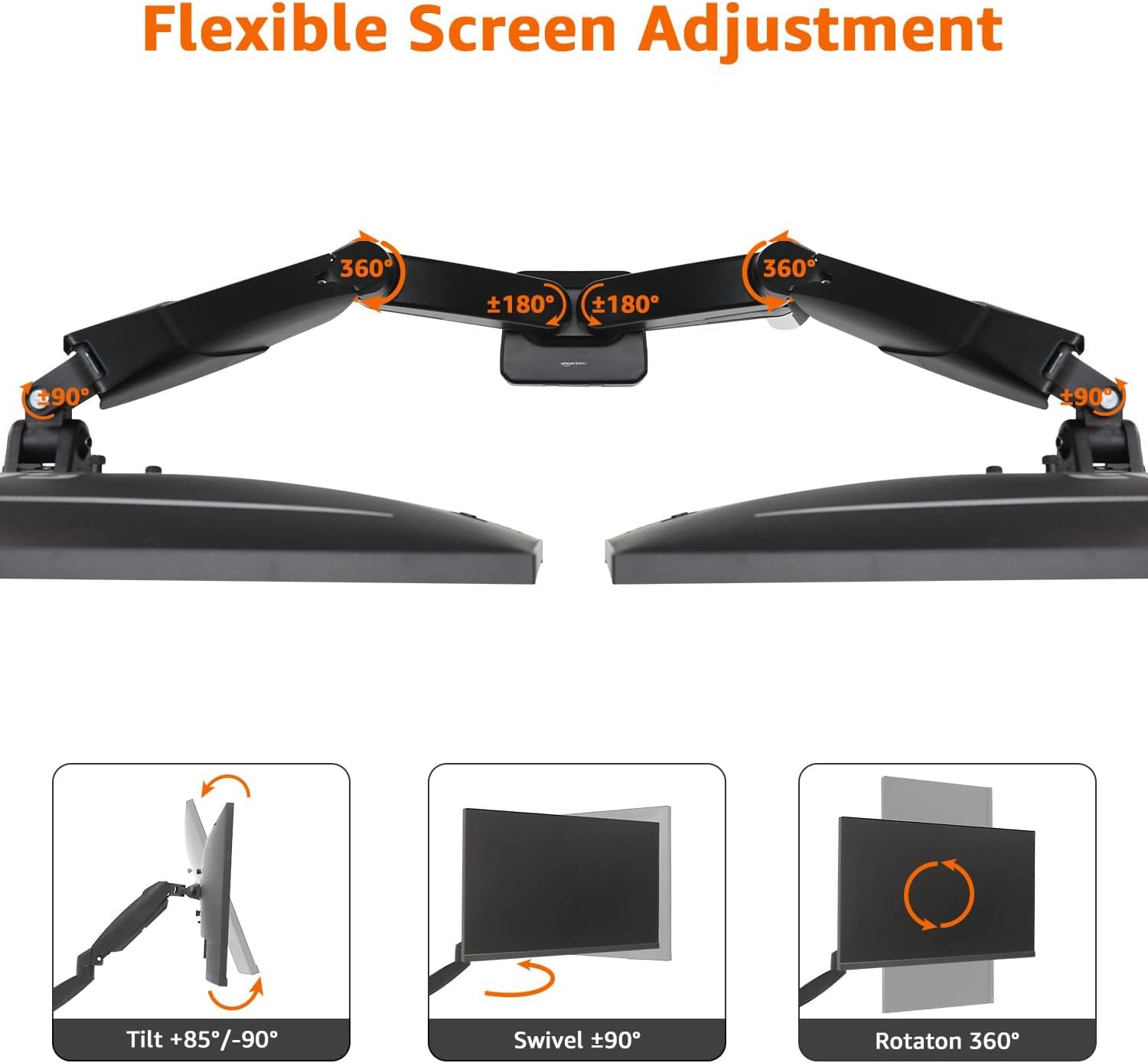 Amazon Basics Gas Spring Dual Computer Monitor Arm Mount, Adjustable, Holds up to 27" Monitors, Black