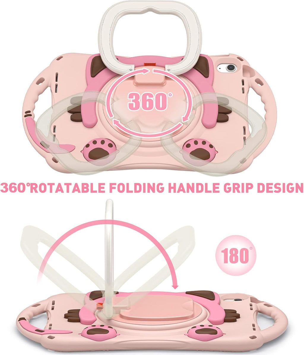 BRAECN Cute Cat Case for iPad (A16) 11th/10th Generation 11”/10.9'' 2025/2022, Silicone Kids Boys Girls Case with Pencil Holder, Carrying Shoulder Strap, 360°Rotating Handle Grip, Kickstand -Pink