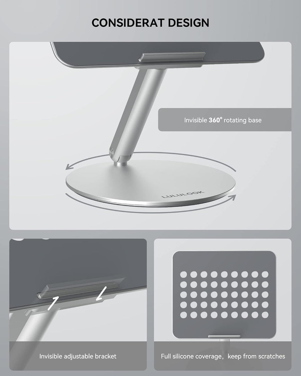 LULULOOK Laptop Stand for Desk 2025, 360 Rotating Adjustable Laptop Riser, Upgraded Foldable Full Aluminum Alloy Computer Stand for MacBook Pro/Air, Dell, HP, Lenovo and Other 10-17inch Laptops