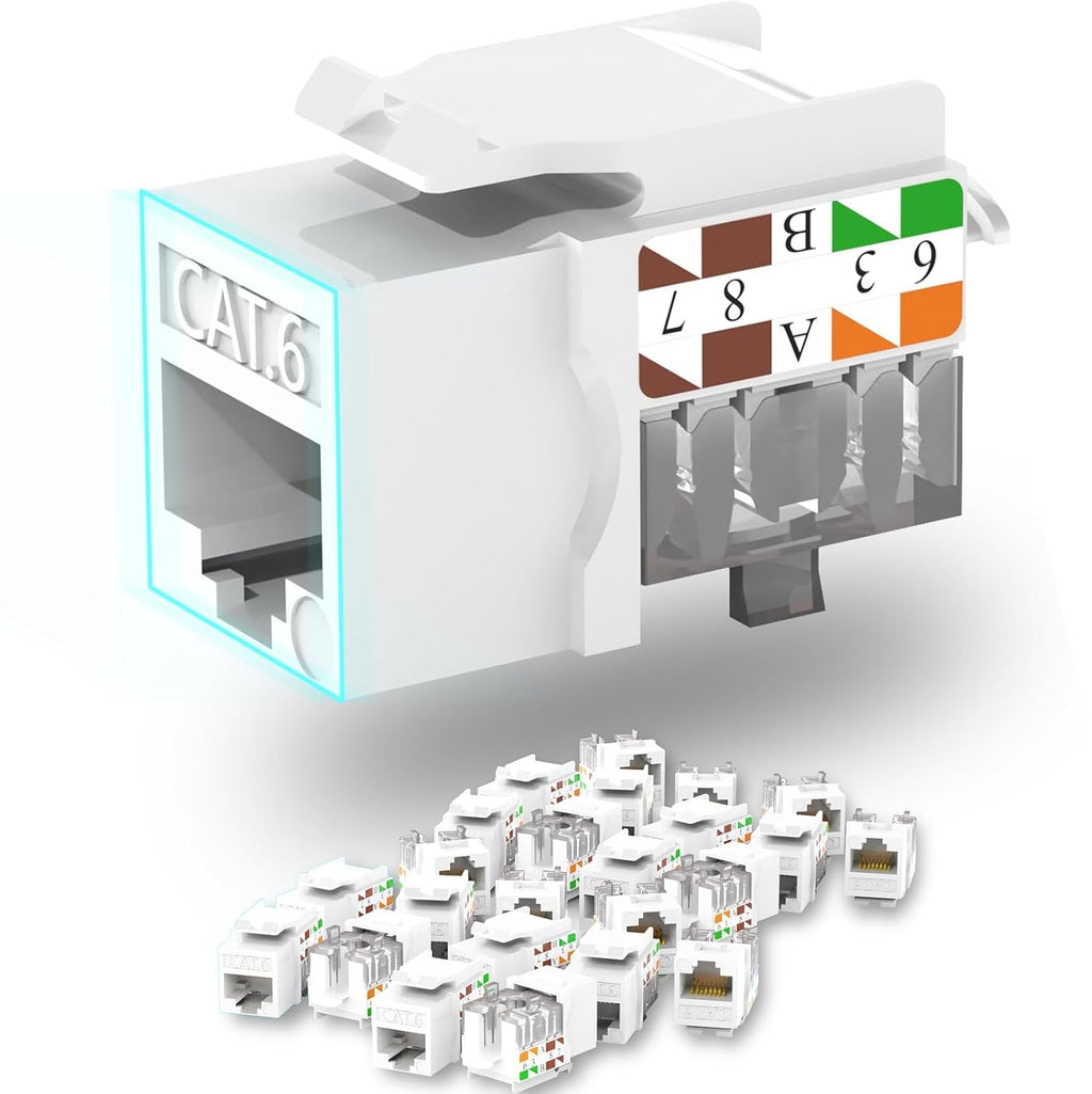 Keystone Jack Cat6 Slim 25 Pack, Cat6 Keystone Jacks 90 Degree, RJ45 Keystone Jack Punch Down White, Compatiable for High-Density Network WallPlate or Patch Panels