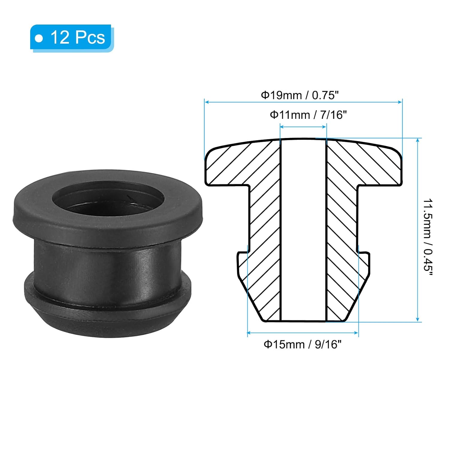 PATIKIL 15mm / 9/16 Inch Drill Hole,7/16 Inch ID Rubber Grommets, 12Pcs Top Hat Grommet for Wiring Eyelet Ring Gasket Automotive Firewall Cable Hole Plugs Wires Protection, Black