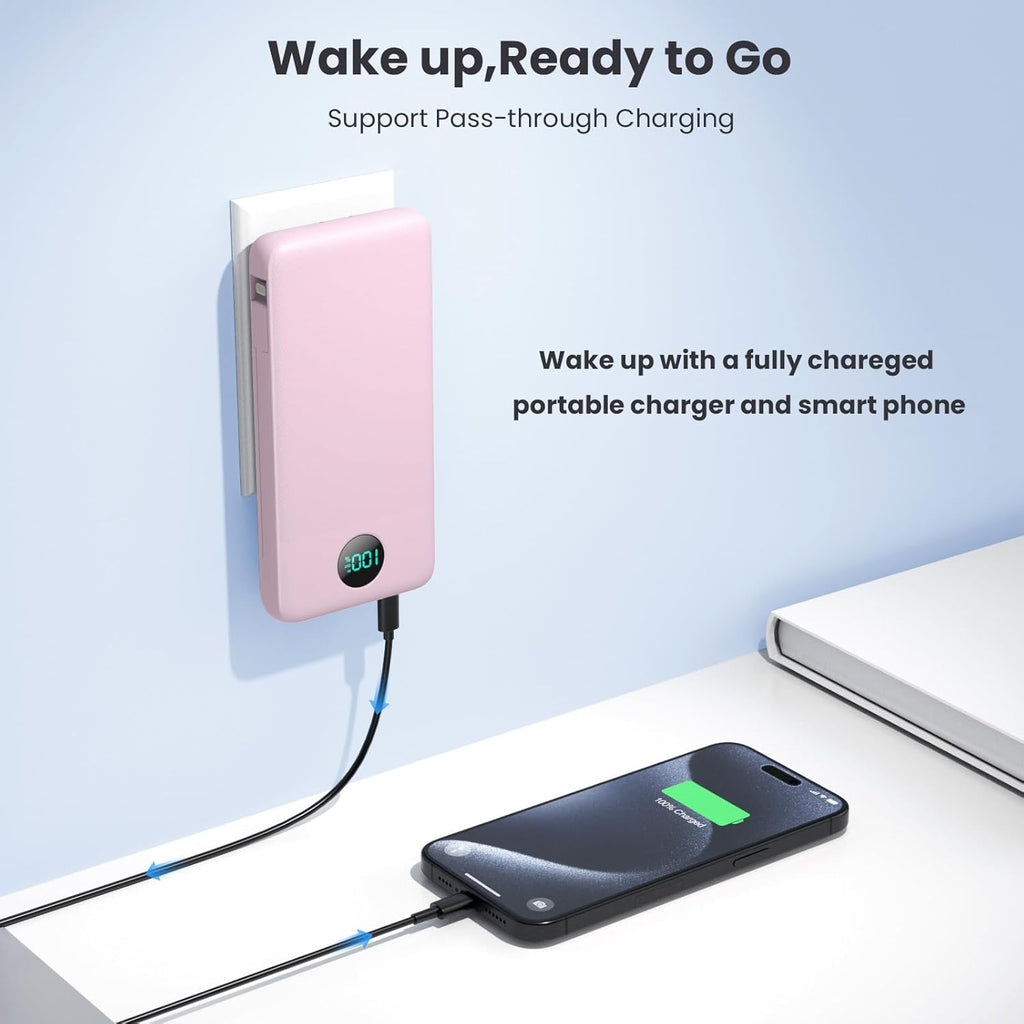 Portable Charger 13800mAh Slim USB C Power Bank with Built in Cables and Wall Plug,LCD Display Lightweight Travel Battery Pack,PD Fast Charging Compatible with iPhone 15,14,Samsung Android-Pink
