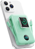 Magnetic Portable Charger 10800mAh for iPhone with Built-in Cables, 6-in-1 Wireless Power Bank with iWatch Charger, 25W PD Fast Charging USB C Battery Pack for iPhone 16/15/14/13/12,Apple Watch(Green)