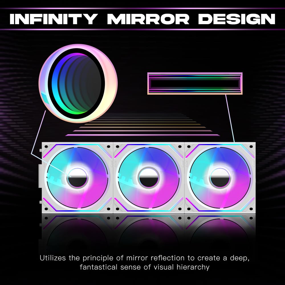 Jungle Leopard Interstellar V2 120mm PC Reverse Blade Case Fan Infinity Mirror Module Daisy-Chain ARGB Fan Triple Pack with Controller Suitable for Computer Case & 360mm AIO Cooler(White-3pack)