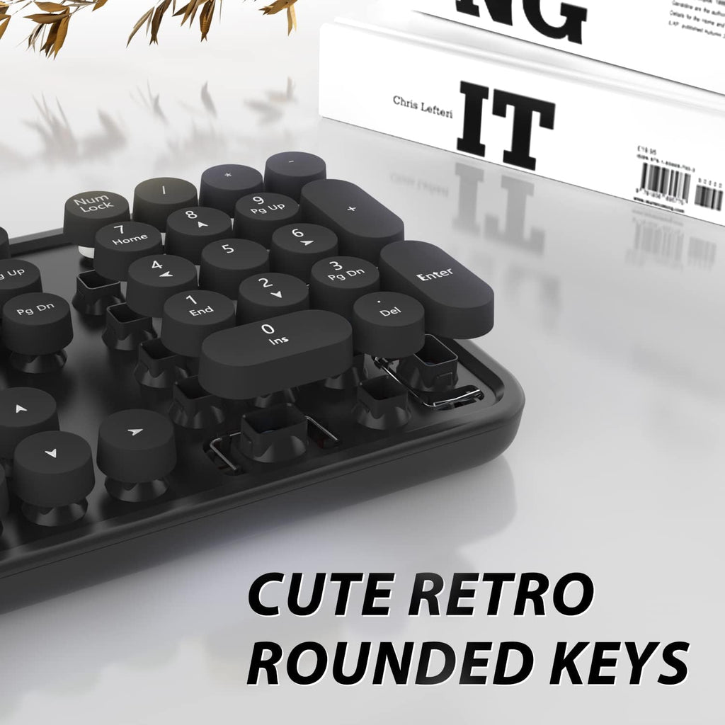 Wireless Keyboard and Mouse, KOOTOP Cute Black Keyboard and Mouse, 2.4G Wireless Keyboard with Retro Round Keycap for PC, Mac, Laptop,Tablet,Computer Windows (Black)