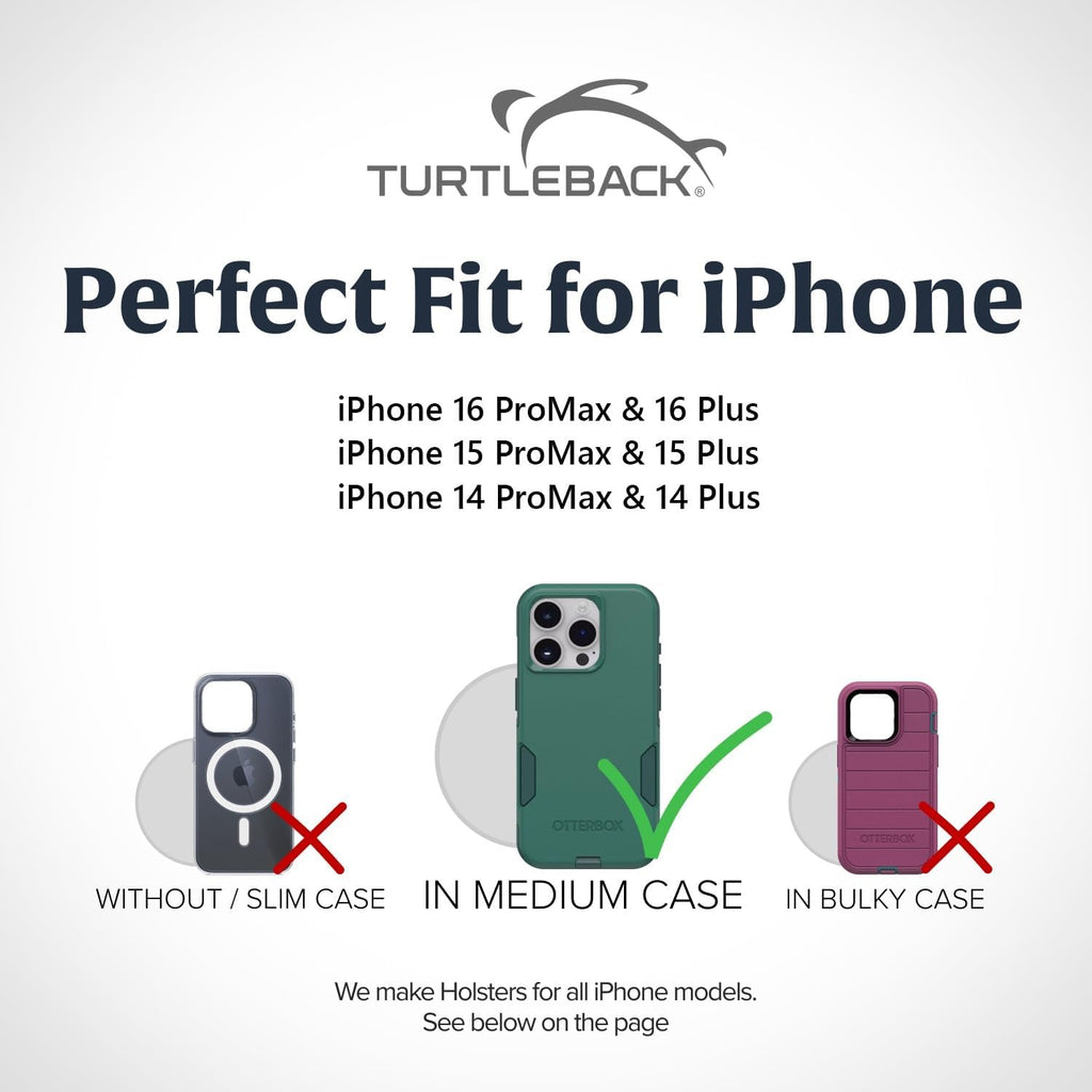 Turtleback Belt Clip for iPhone 16 Pro Max, 15 Pro Max, 14 Pro Max -Medium- Fits w/Shockproof Commuter Style Cases, Premium Black Leather, Horiz. Belt Holder, Magnetic Closure HD Rotating Clip