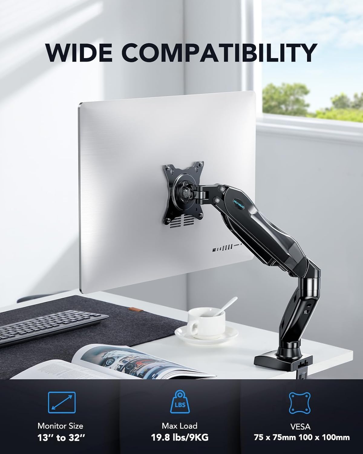 HUANUO Single Monitor Mount, 13 to 32 Inch Monitor Arm, Adjustable Monitor Stand, Vesa Mount with Clamp and Grommet Base - Fits 4.4 to 19.8lbs LCD Computer Monitors