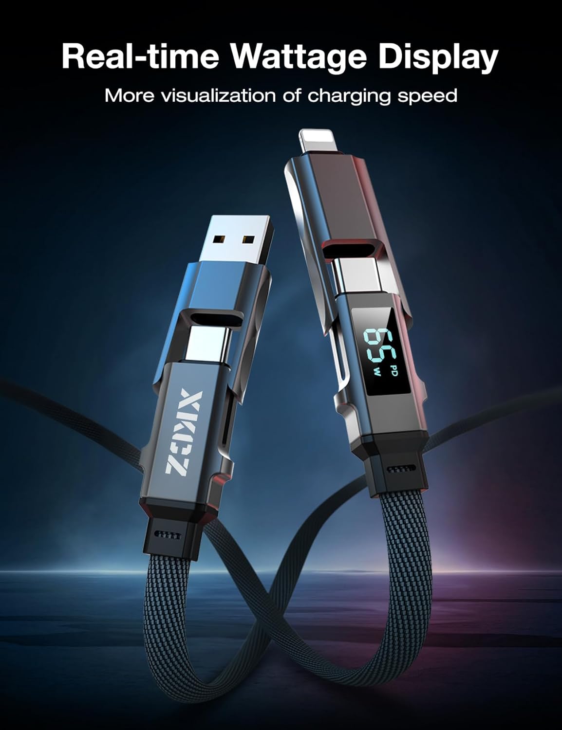 4 in 1 USB C Cable with Wattage Display, 65W Flat Nylon Braided Multi Charge Cable with Data Sync, USB C Charging Cord Combo Type C/USB A/L Port for iPhone/iPad/Samsung/Laptop, 3FT