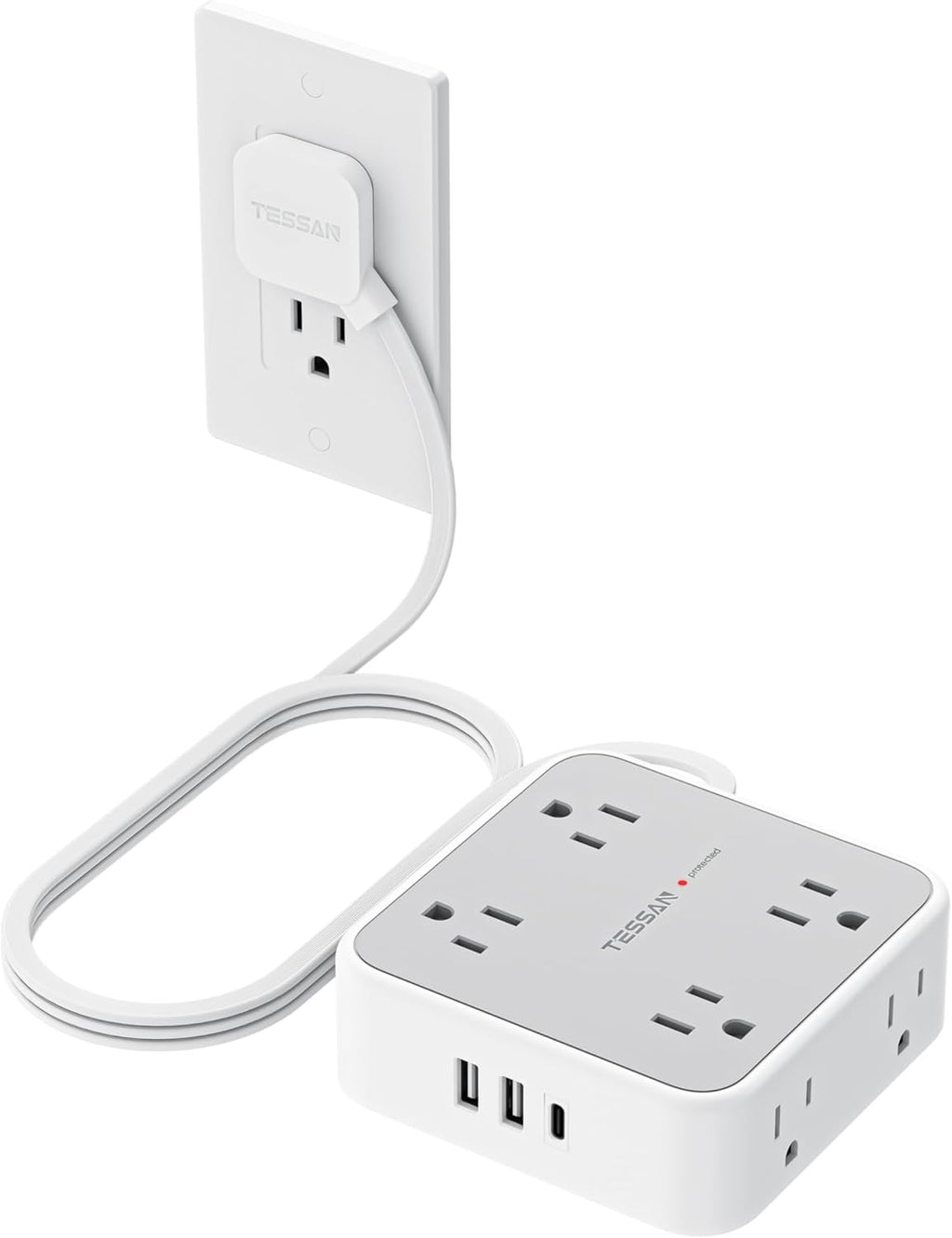TESSAN Surge Protector Power Strip, 5 Ft Flat Plug Extension Cord with 3 USB (1 USB C) 8 Outlets, 1250W, 900J Protection, 3 Sided Outlet Extender with Power Switch for Office, Dorm Room Essentials