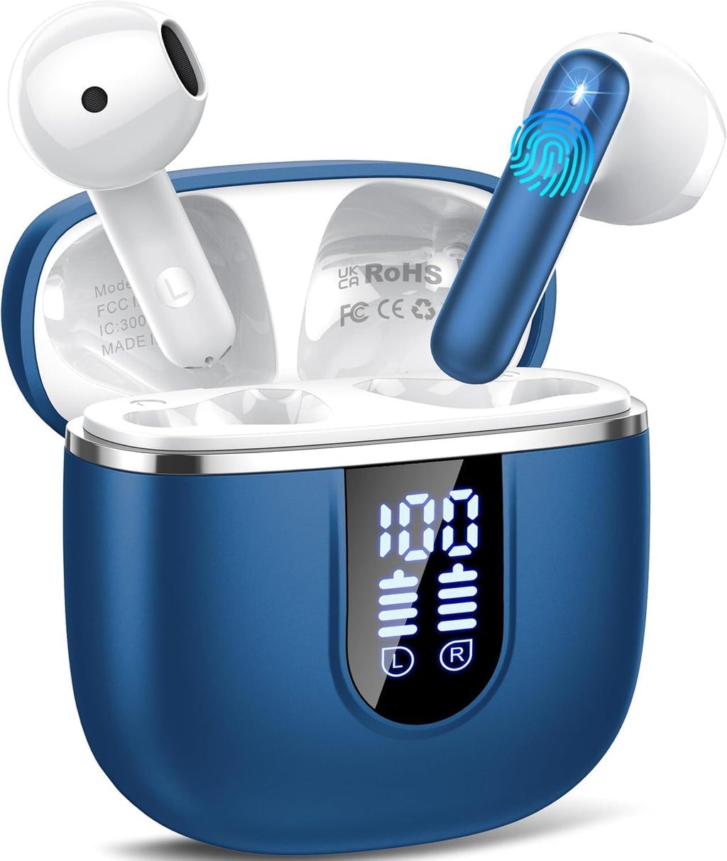Wireless Earbuds, Bluetooth 5.4 Headphones with 3D Bass Stereo, 40H Ultralight in-Ear Buds, Bluetooth Earbuds with 4 ENC Noise Cancelling Mic, USB-C, IP7 Waterproof Earphones for Android iOS, Blue