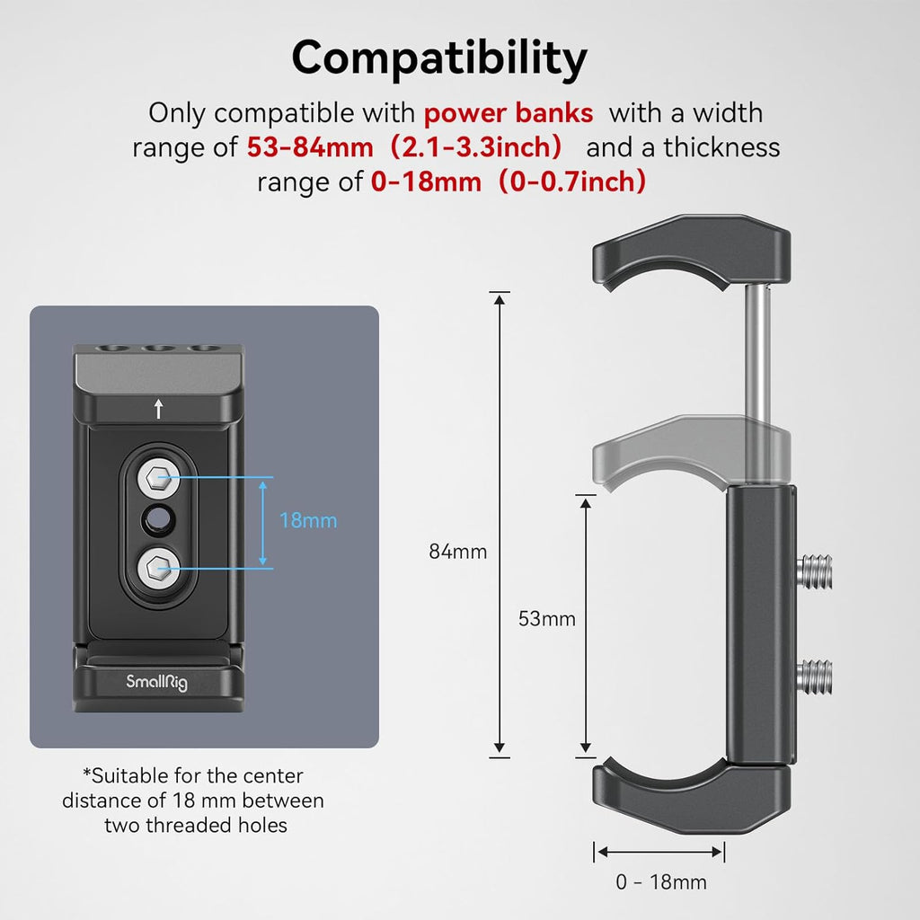 SmallRig Aluminum Power Bank Holder, Powerbank Mount Clamp Compatible with Width Range: 53 mm–84 mm (2.1–3.3 inches) and Thickness Range: 0 mm–18 mm (0–0.7 inch) Power Banks - BUB2336