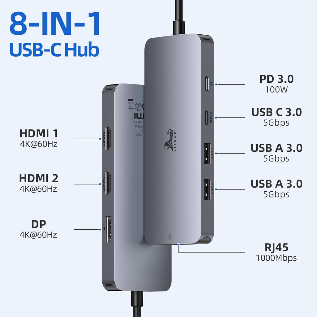 USB C Docking Station Dual Monitor, LIONWEI Laptop Docking Station 3 Monitors with 2 HDMI, 4K DisplayPort, 1Gbps Ethernet, 100W PD, 3 USB A/C 3.0, USB C Hub Multiport Adapter for Dell/Lenovo/HP