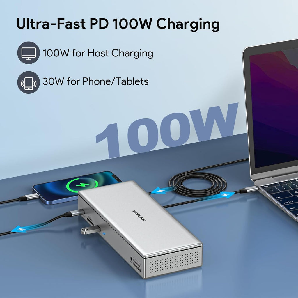 WAVLINK DisplayLink Laptop Docking Station - Quad Monitor 5K/4K @60Hz, 100W Charging - Thunderbolt 4/3, USB-C/A - M1 M2 Mac/Windows/Chrome/Ubuntu - 4 HDMI, 4 DP, 180W Power, SD 4.0 CR, 2.5Gbps LAN