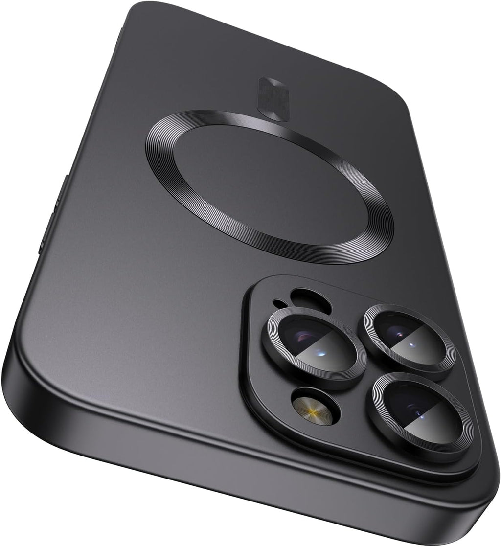 Magnetic for iPhone 15 Pro Case [Compatible with MagSafe][Built-in Camera Lens Protector] Slim Soft Silicone Bumper Shockproof Metallic Shine Phone Case (Black)