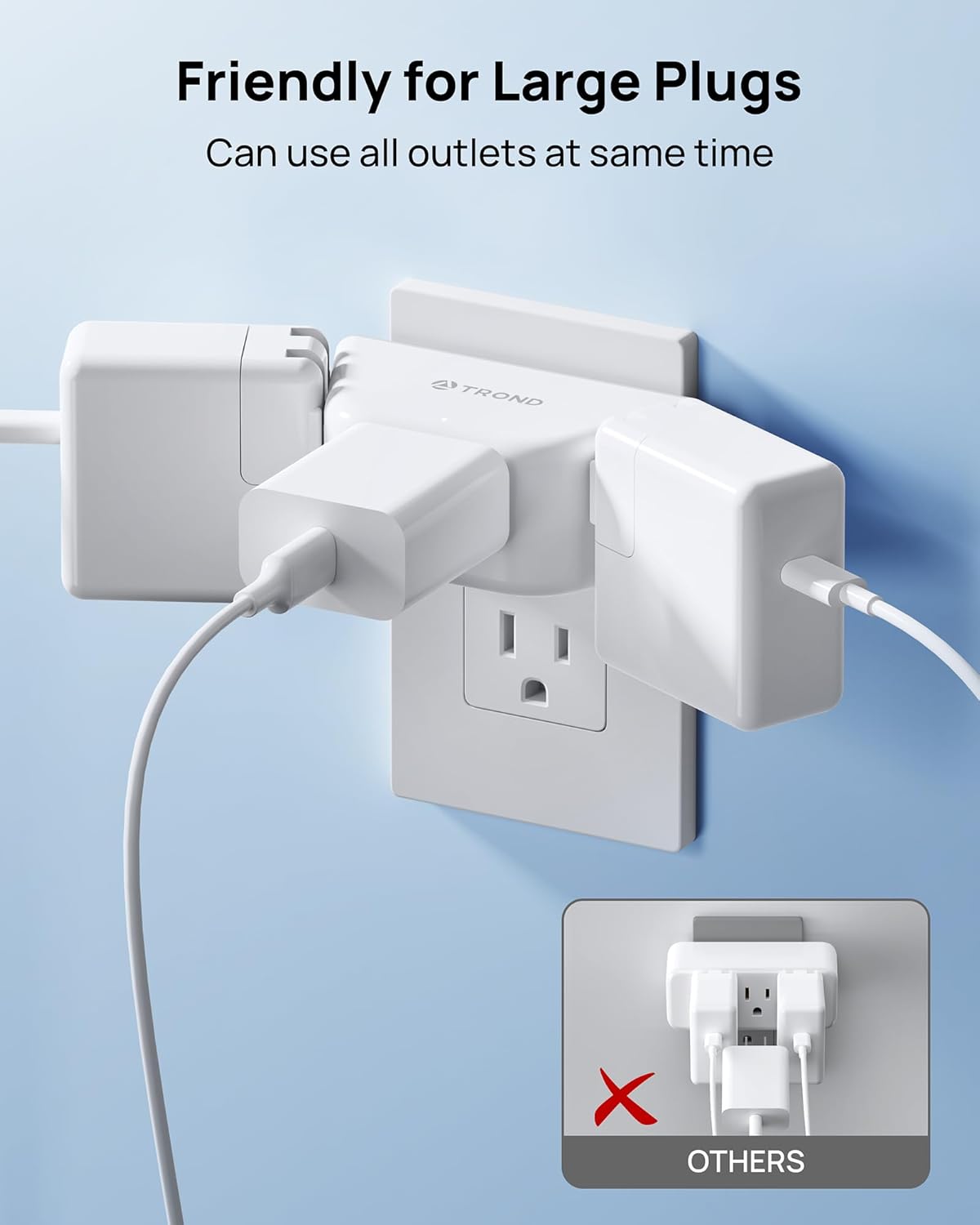 TROND Outlet Extender, 3-Prong Grounded Wall Plug Splitter, 3 Way Angled Outlet Adapter, Cruise Ship Essentials, Plug Expander with 3 Electrical Sockets for Bathroom, Kitchen, White