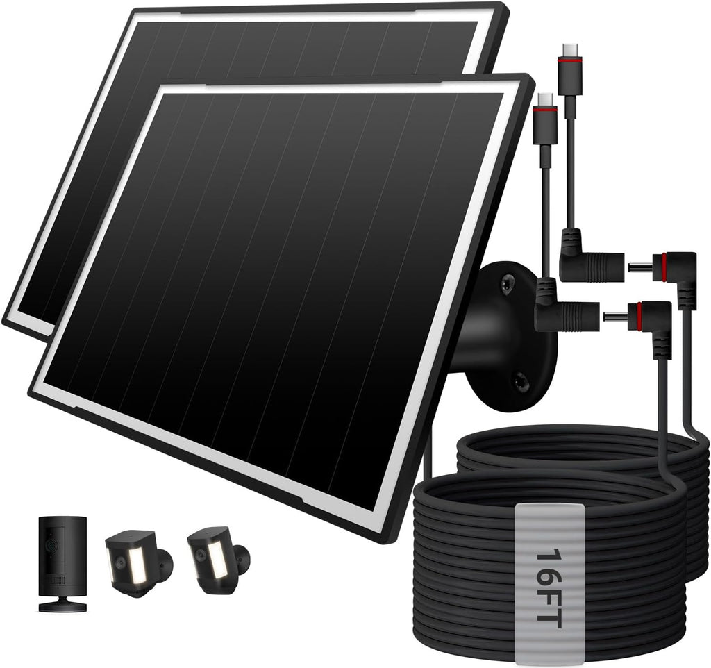 2-Pack Solar Panel Charger for Ring Camera, 8W High-Efficiency - Compatible with Ring Spotlight & Stick Up Cam Pro/Plus, 16ft Long Cable, 3.5mm to USB-C Adapter, IP65 Waterproof, Black
