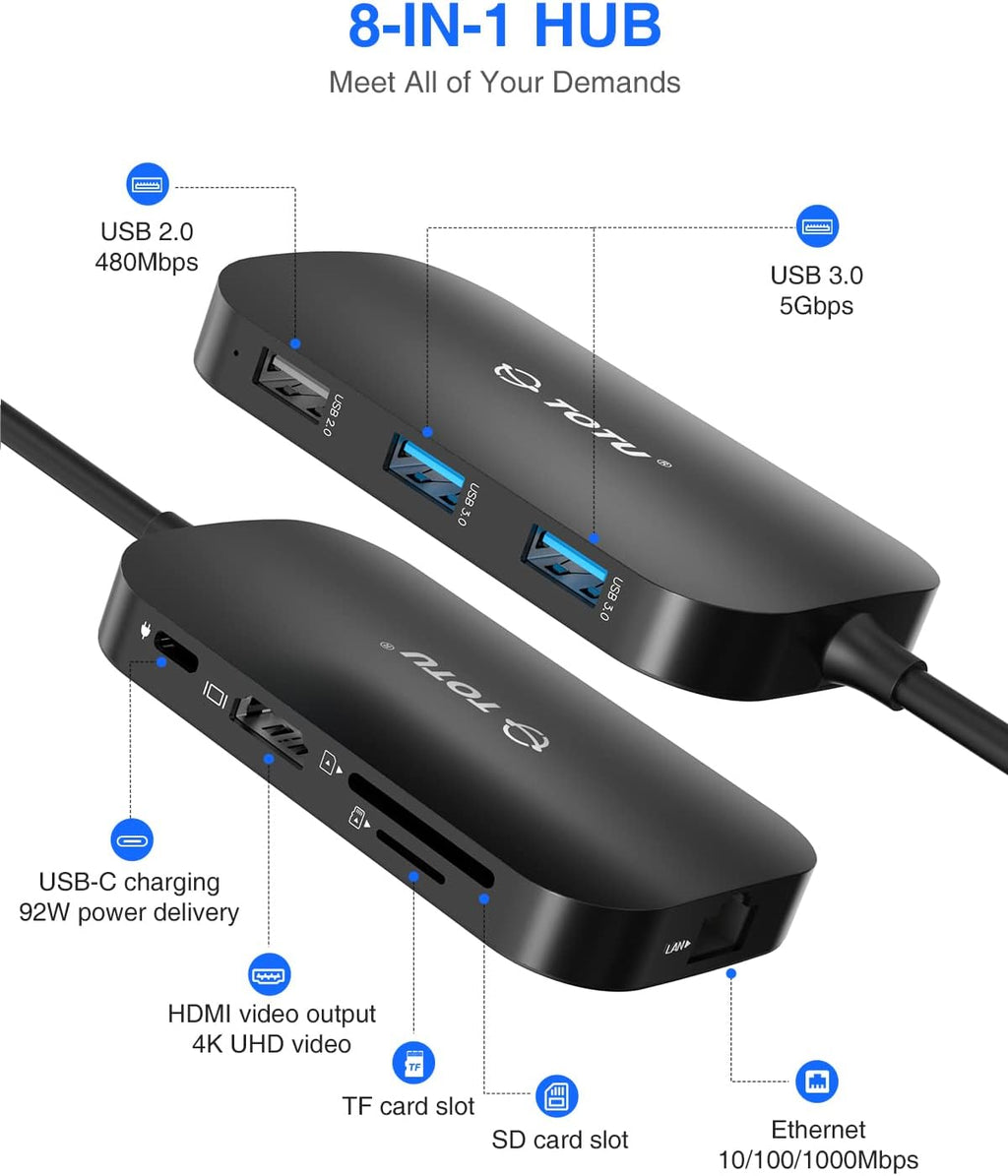 USB C Hub, 9-in-1 Type C Hub with 4K USB C to HDMI, Ethernet Port, USB-C Power Delivery (PD) Port, 2 USB 3.0 Ports, USB 2.0 Port, SD/TF Card Reader, Compatible with MacBook Pro Air and Type C Laptops