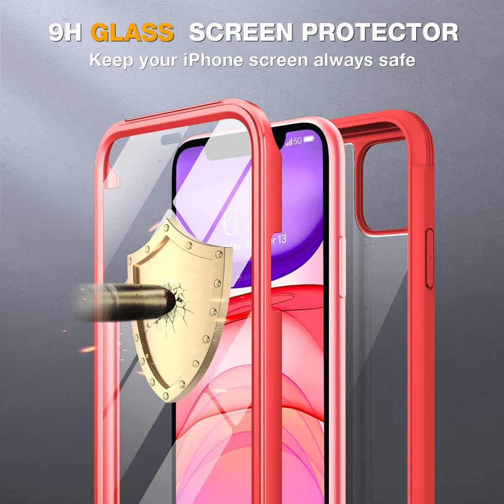 Miracase Glass Series for iPhone 11 Case 6.1 inch, Upgraded Full-Body Rugged Phone Bumper Case Cover with Built-in 9H Tempered Glass Screen Protector and Camera Protector, Red
