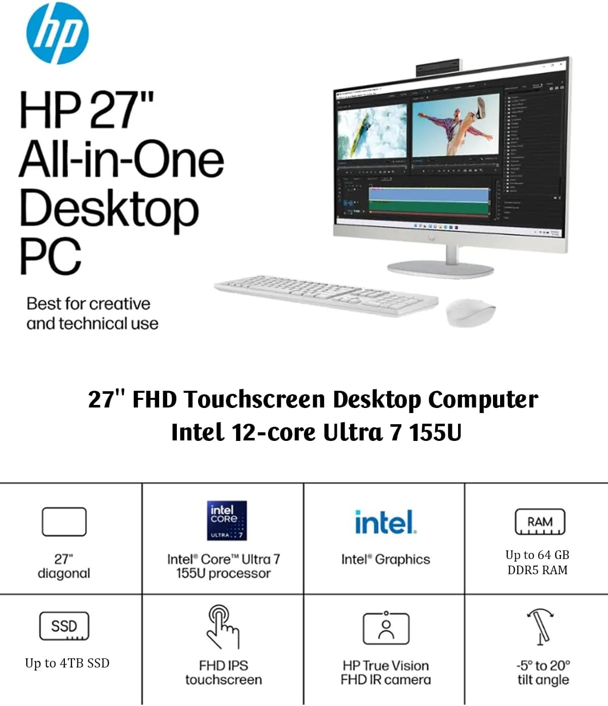 HP All-in-One Desktop - 27'' FHD Touchscreen Computer, Windows 11 Pro, Intel 12-core Ultra 7 155U(Beats i7-1355U), Wi-Fi 6, Bluetooth, Adjustable Height, Anti-Glare (16GB RAM | 1TB SSD)
