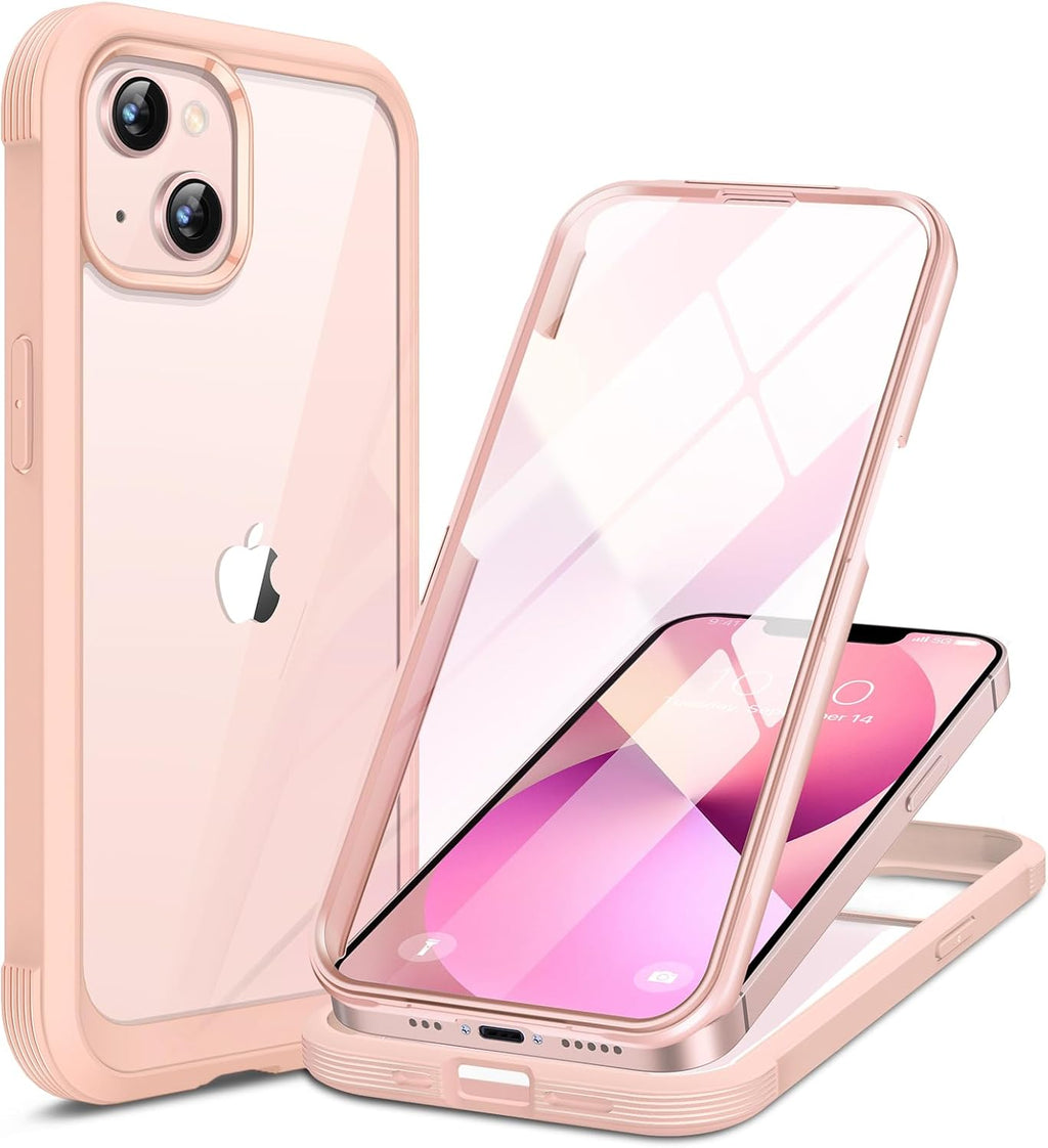 Miracase Compatible with iPhone 13 case 6.1 inch, [Glass Instead Plastic] with Built-in 9H Tempered Glass Screen Protector for iPhone 13,2023 Upgrade Full-Body Glass Clear Case,Crystal Pink