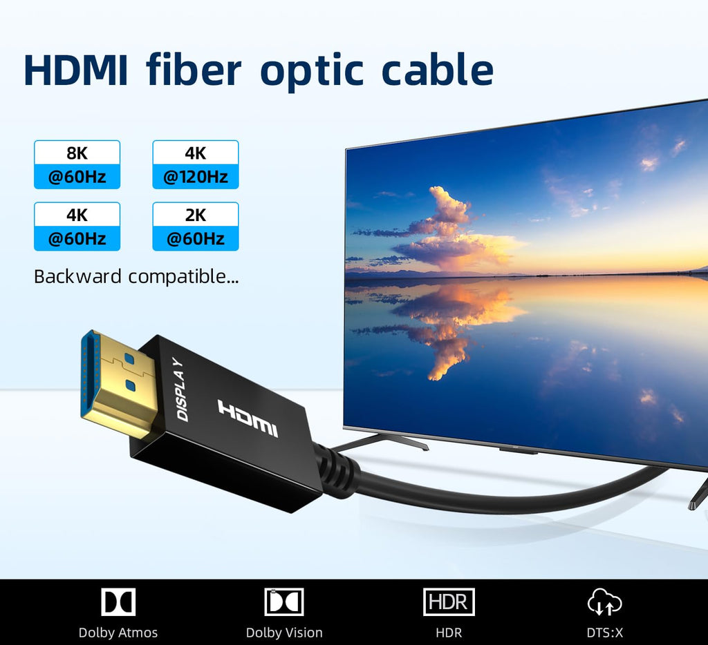 8K HDMI Fiber Optic Cable 30ft, 4K120 8K@60Hz HDMI 2.1 Cable, 48Gbps Ultra High Speed Slim HDMI Optical Audio Cable HDMI Cord, eARC HDR10 HDCP 2.2 Compatible with PS5 Xbox TV Projector