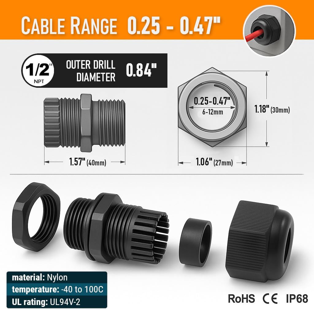 MGI SpeedWare 1/2" NPT Strain Relief Nylon Cord Grip Cable Glands, Black Plastic Grommet 5-Pack