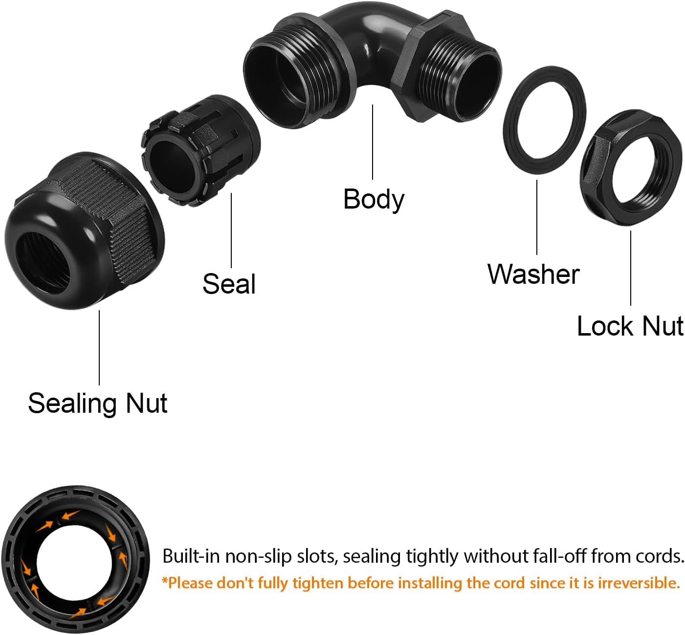 LeMotech M20 Cable Gland, 90 Degree Adjustable 9-14mm Strain Relief, Cord Connectors Nylon Joints with Gaskets, 6 Pcs, Black