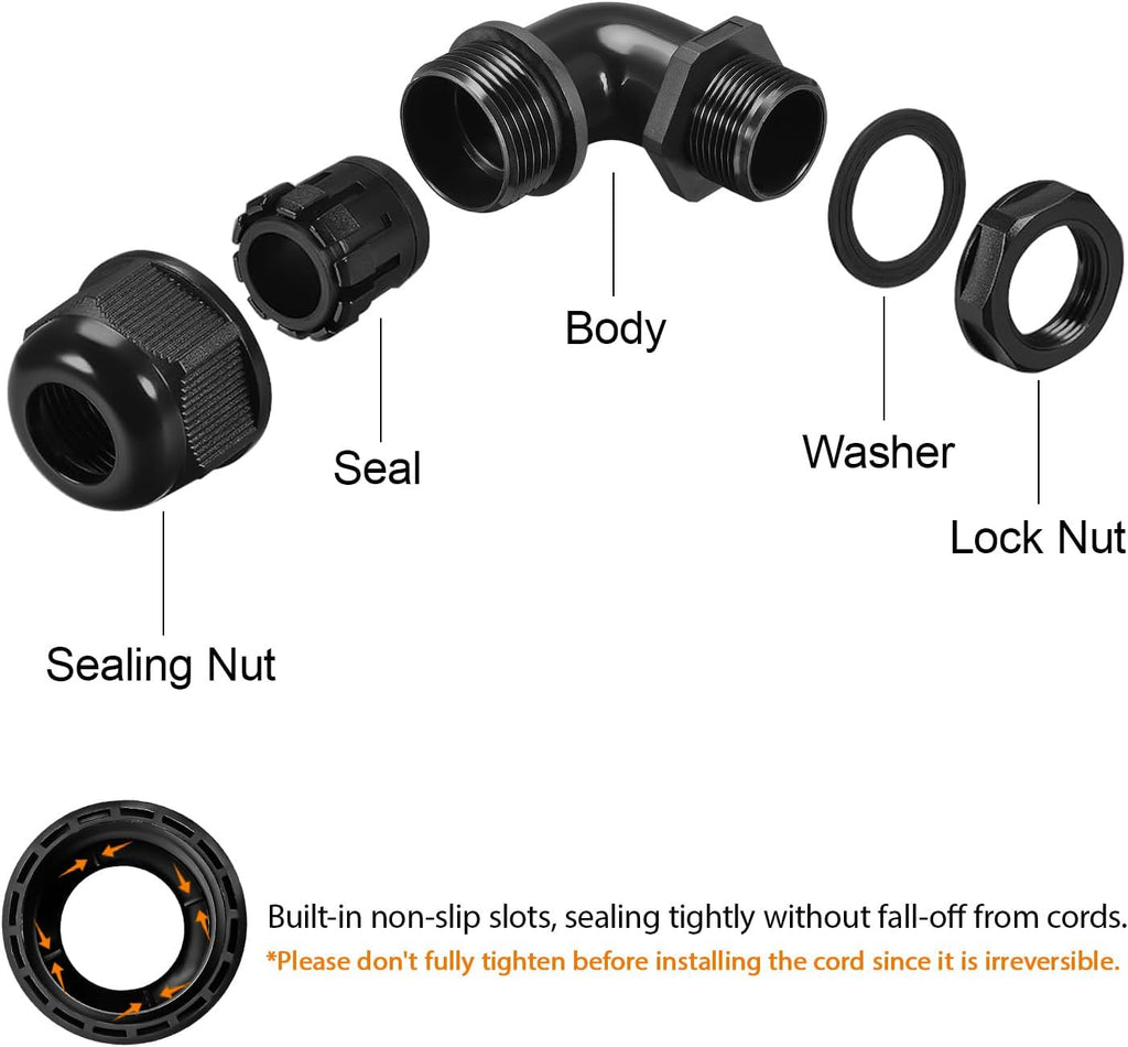 LeMotech M32 Cable Gland, 90 Degree Adjustable 18-25mm Strain Relief, Cord Connectors Nylon Joints with Gaskets, 2 Pcs, Black