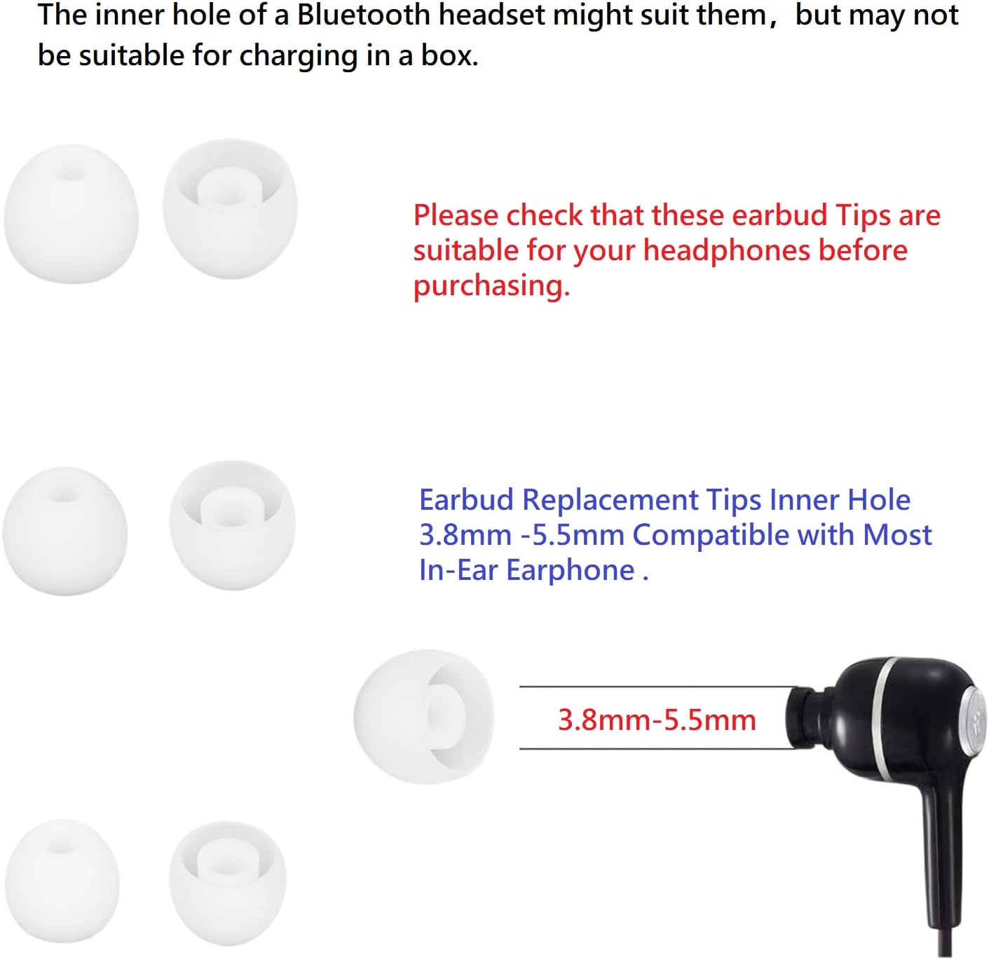 Earbud Tips Soft and Comfortable Headphone Ear Tips Ear Bud Replacement Pieces Silicone Fit Most in-Ear Headphones，Inner Hole 3.8mm -5.5mm，18 Pairs White S/M/L Replacement Earbud Tips