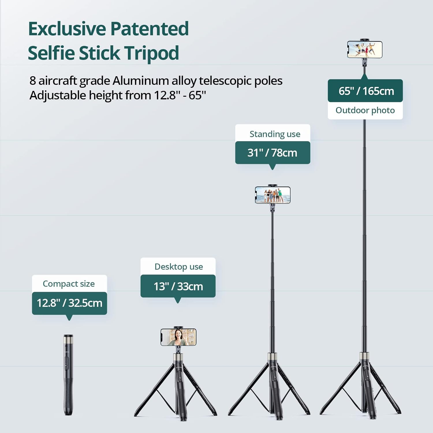 ATUMTEK 65" Selfie Stick Tripod, All in One Extendable Phone Tripod Stand with Bluetooth Remote 360° Rotation for iPhone and Android Phone Selfies, Video Recording, Vlogging, Live Streaming, Black