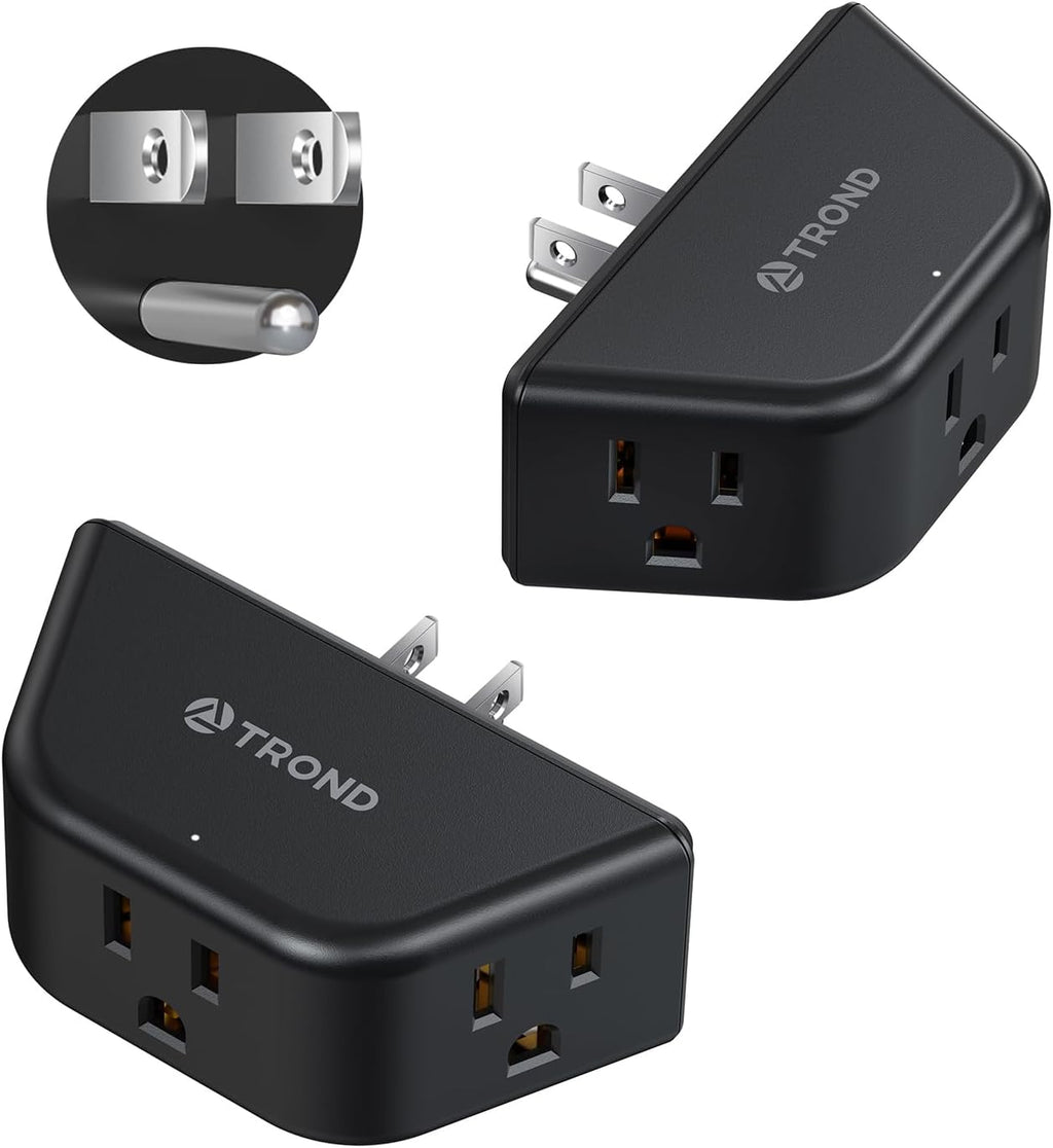 TROND 2 Pack Multi Plug Wall Outlet, 3 Way Angled Wall Outlet Extender, 3 Prong Plug Splitter, Cruise Essentials, Multiple Expander for Travel Home Hotel Dorm Room, Black