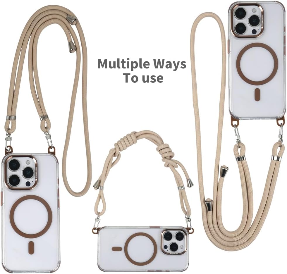 for iPhone 15 Pro Max Case with 62.99 inch Lanyard, Compatible with MagSafe, Shockproof Military-Grade Protection, Yellowing Resistant, Adjustable Strap Magnetic Cover, Classic Clear&Brown