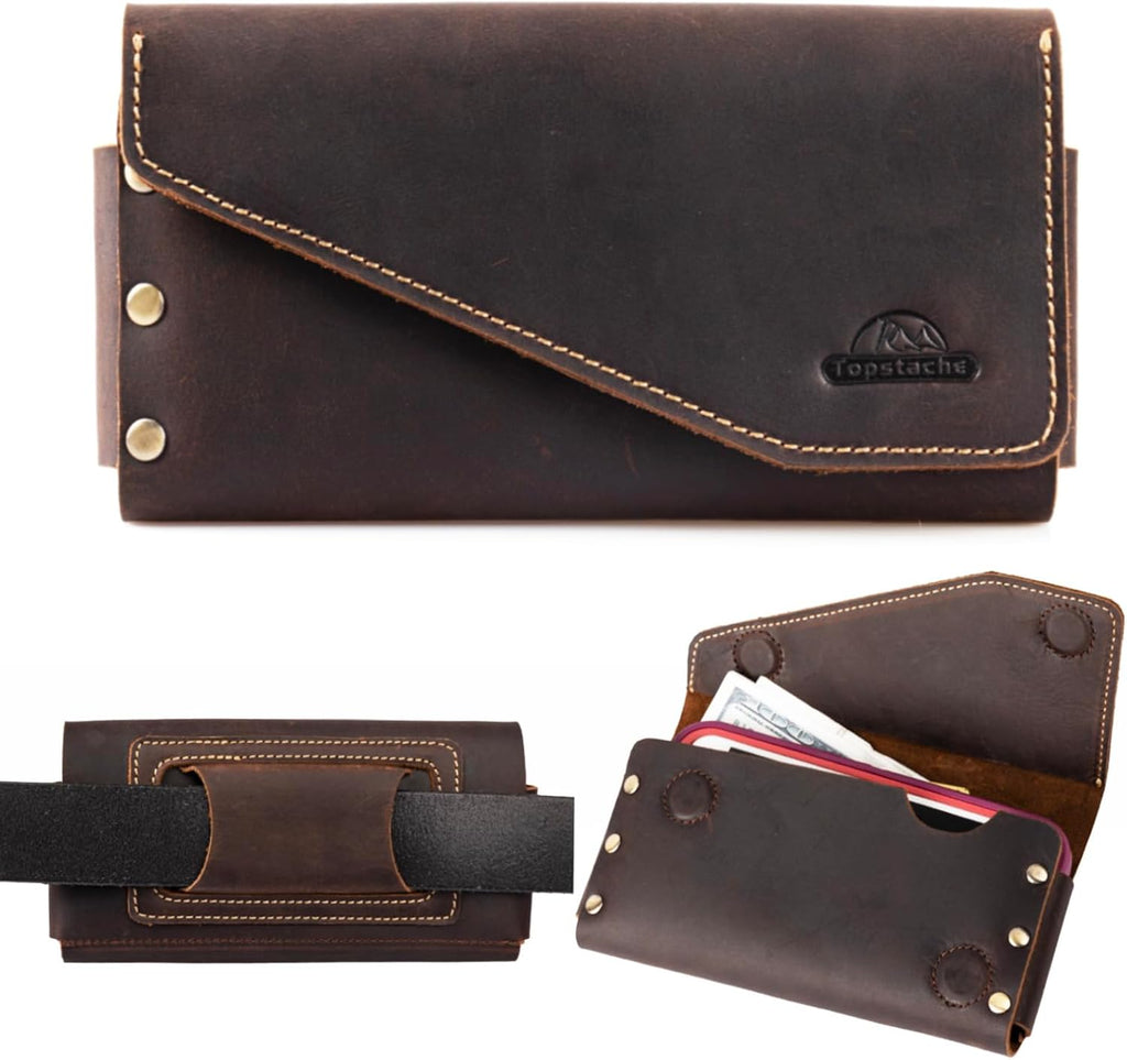 Topstache Leather Phone Holster with Belt Loop, Magnetic Closure Cell Phone Pouch Card Holder Wallet, Handmade Holder for iPhone 13 Pro Max, S22 Ultra, Dark Brown