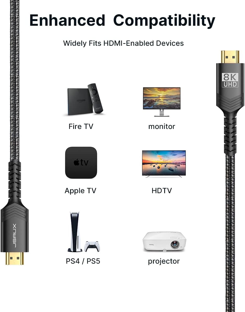 JSAUX 8K HDMI Cable 2 Pack 10ft, 48Gbps High Speed HDMI 2.1 Braided HDMI Cord, 4K 120Hz 144Hz, 8K 60Hz, Dynamic HDR, DTS:X, 2K, 1080P, 3D, eARC Compatible for Laptop UHD TV Gaming Monitor PS5 -Black