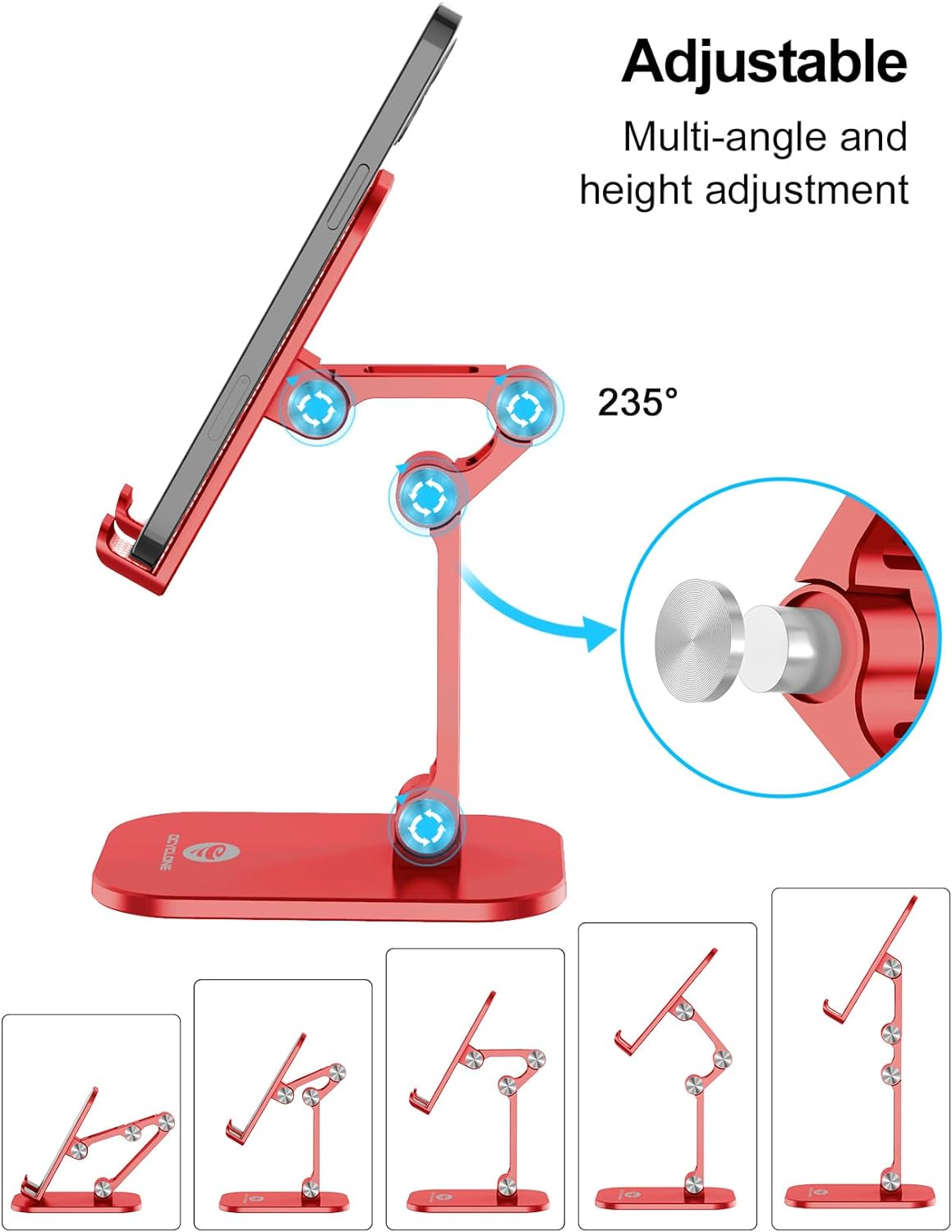 OCYCLONE Phone Stand, Adjustable Height and Angle Foldable Cell Phone Stand Holder for Desk, Taller iPhone Stand Compatible with 4.7"-13" Smartphones iPad Tablet, Red