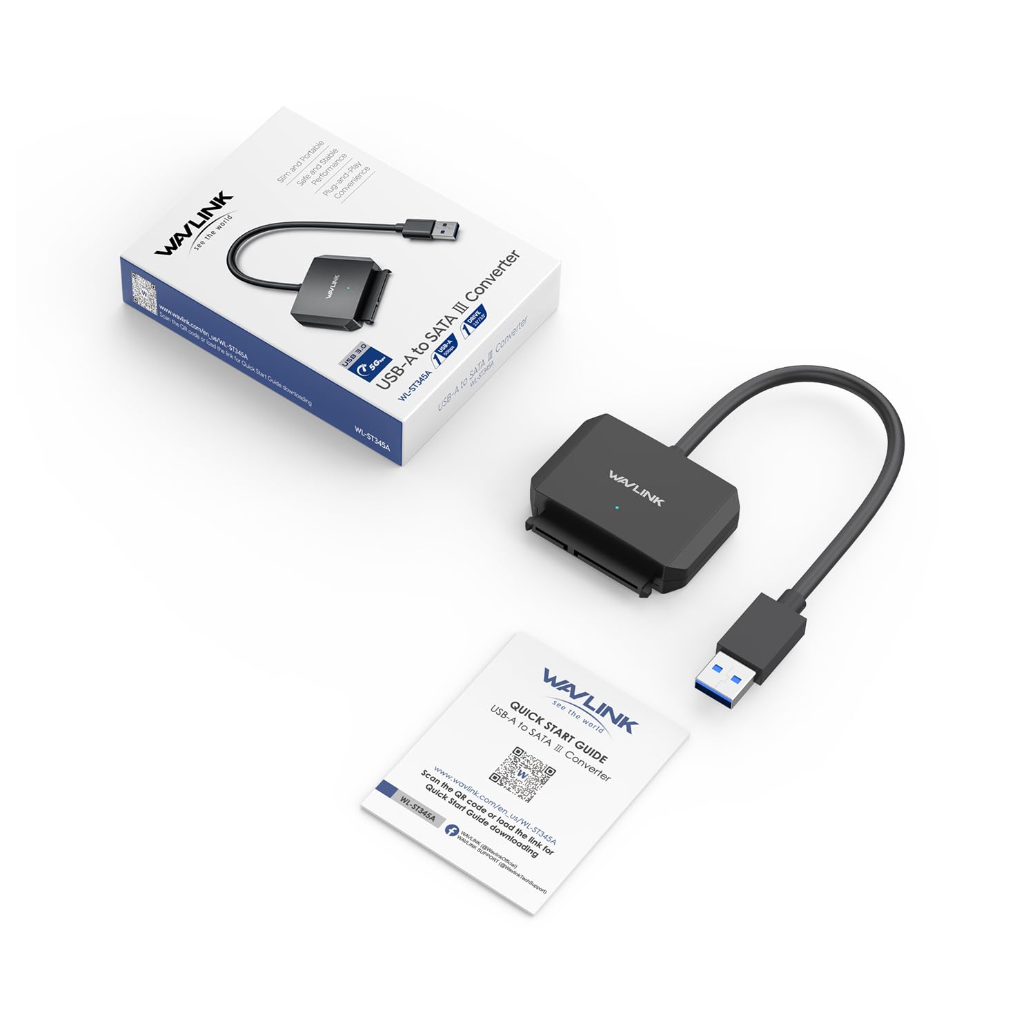 WAVLINK SATA to USB Type-A Hard Drive Cable, 5Gbps USB3.0 to Sata Cable Support UASP, External Hard Drive SATA I/II/III Connector 2.5" SSD/HDD and 3.5" HDD up to 20TB