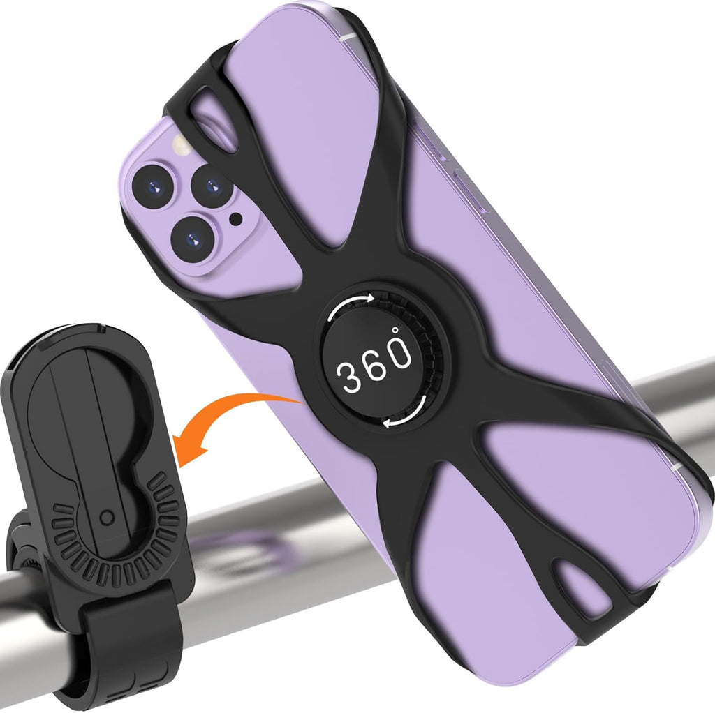 Bike Phone Holder, Motorcycle Cell Phone Mount- 360° Rotatable, Silicone Bicycle Phone Mount for Motorcycle Bicycle Scooter, for 15 Pro Max / 14/13, S10 and More 4.7-6.8" Phone